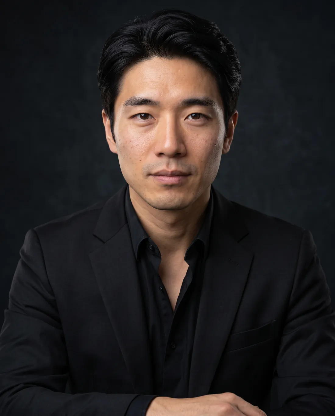 Chest-up executive portrait in a black blazer and open-collar shirt, dark studio backdrop