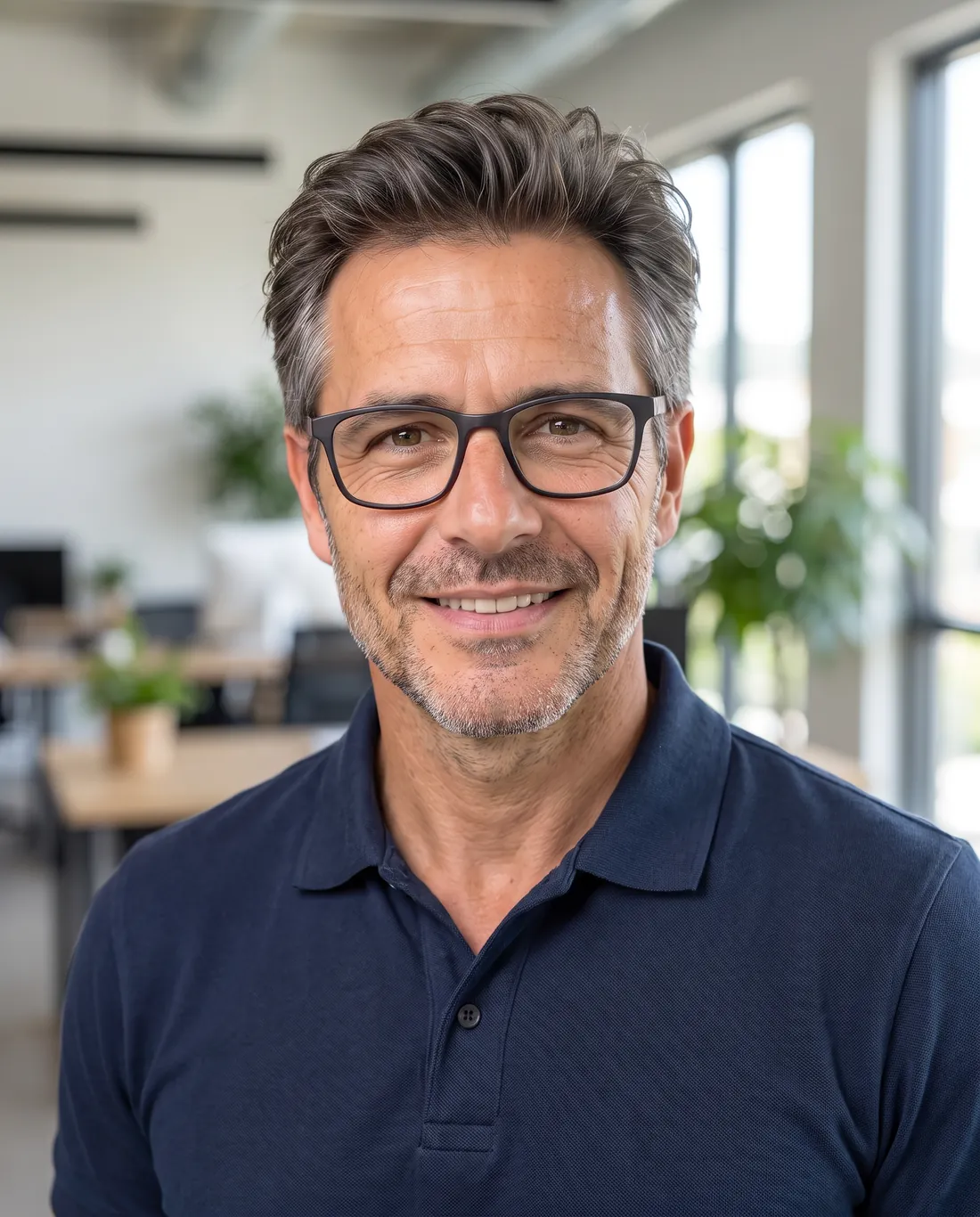 Business casual headshot with glasses in a navy polo, open office