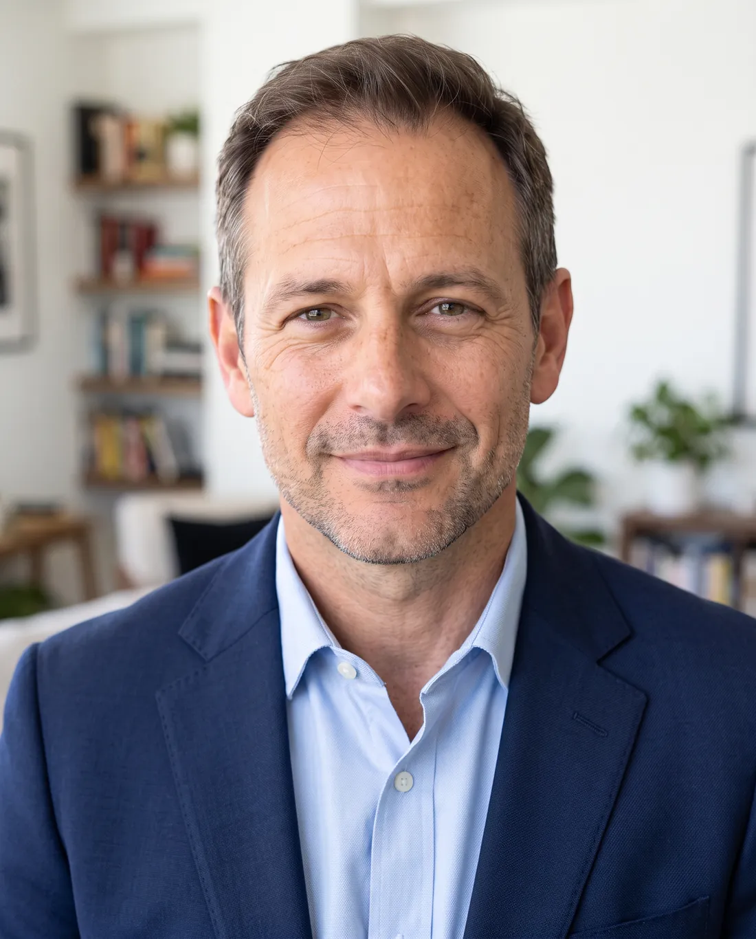 Business casual headshot in a navy blazer, bright office
