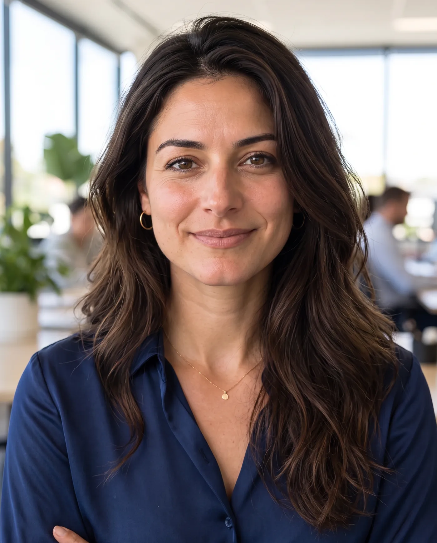 The same person as a ProMyPic business-casual portrait in a navy blouse, open-plan office background