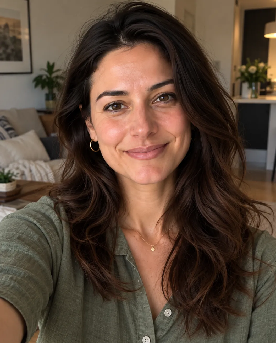 Sample everyday phone selfie of a fictional person, green shirt, at home